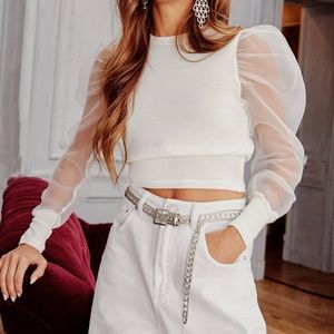 NastyGal Knit Sweater with Organza Puff Sleeves